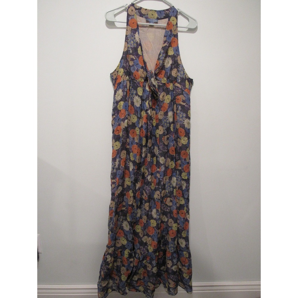 Anthropologie Lil Silk Blend Floral Maxi Dress Boho Halter Tiered Blue Orange 12